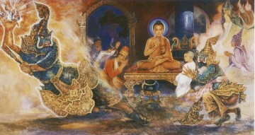 Religious Painting - buddha tamed a celestial ogre alavaka who took refuge in the triple gem of buddhism Buddhism